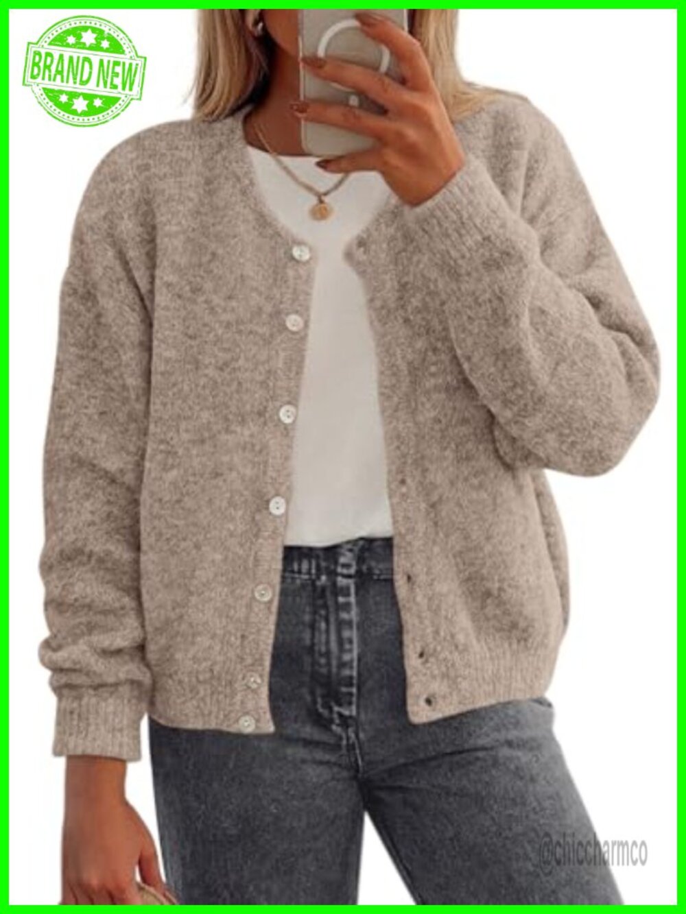 Women's Long Sleeve Button Down Knit Cardigan Sweater Crewneck Cropped